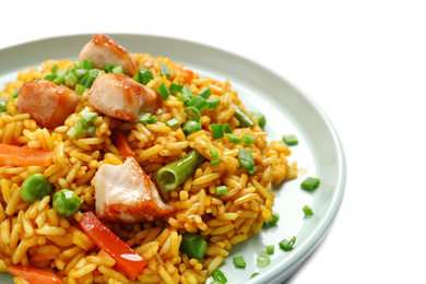 Photo of Delicious rice pilaf with chicken and vegetables on white background, closeup