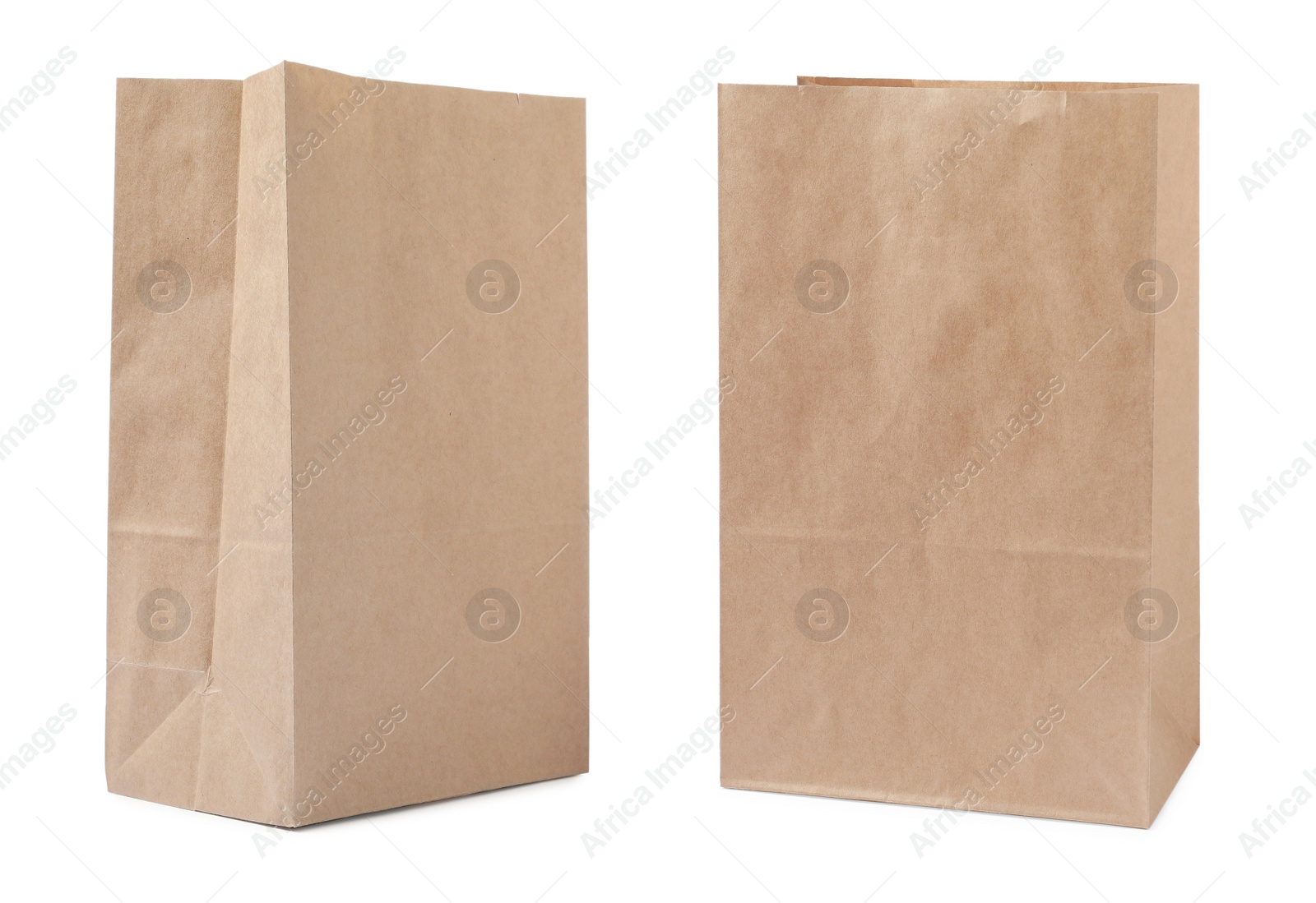 Image of Open kraft paper bags on white background, collage