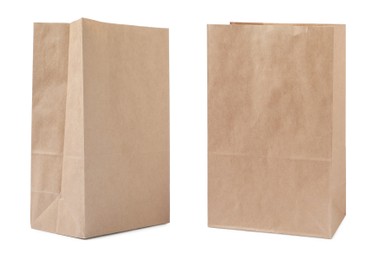 Image of Open kraft paper bags on white background, collage