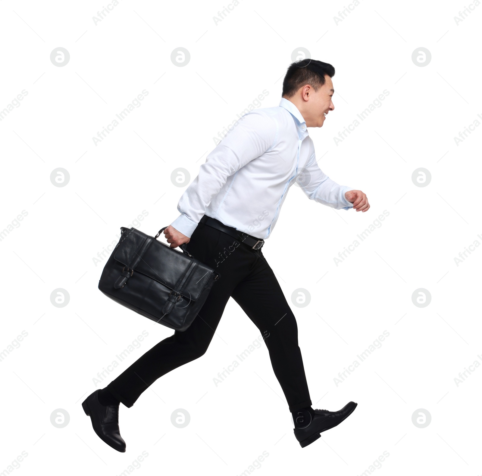 Photo of Businessman with briefcase running on white background