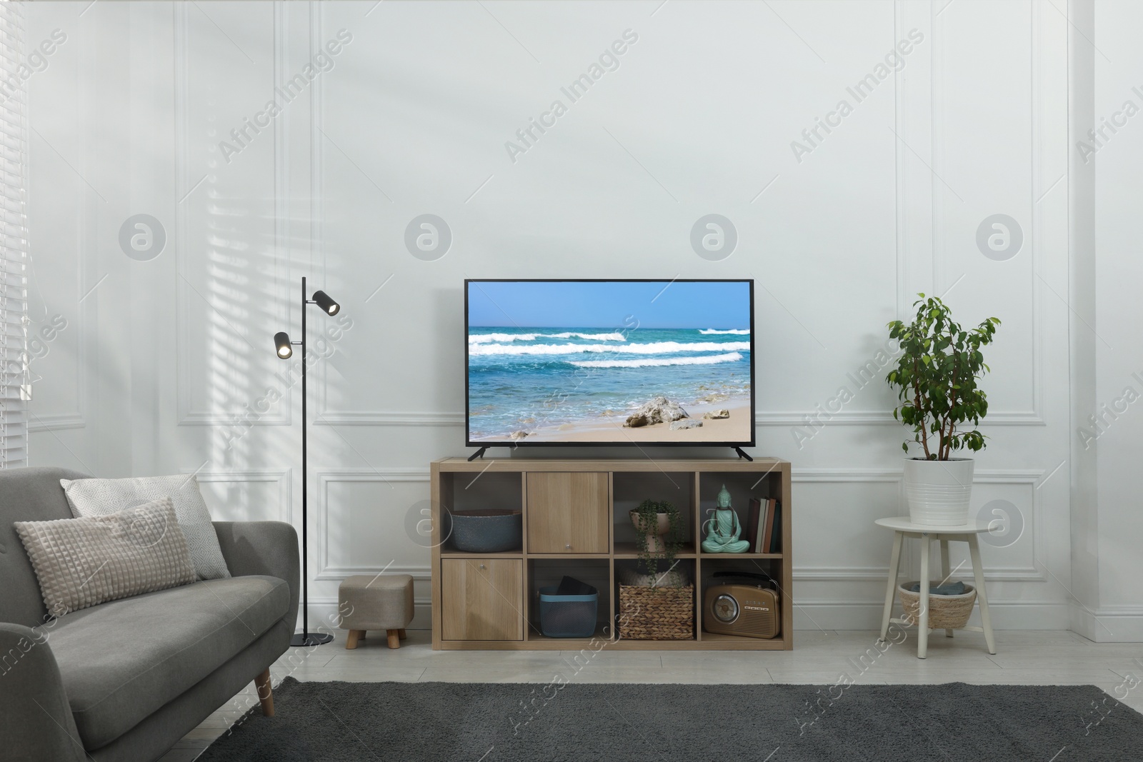 Image of Modern TV set on wooden stand in room. Scene of nature themed movie on screen