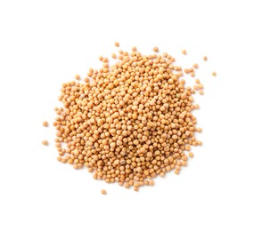 Photo of Heap of mustard seeds isolated on white, top view