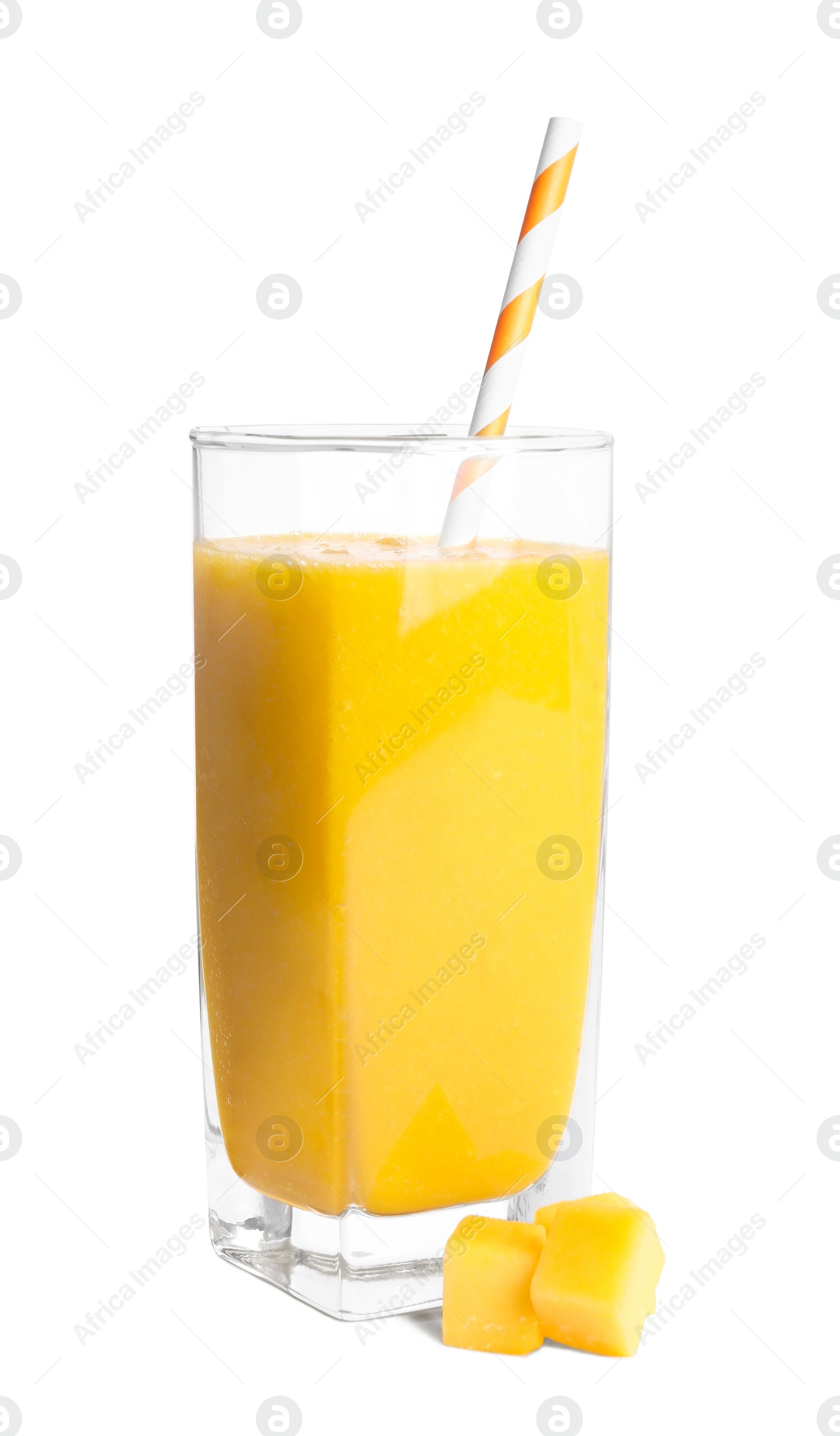 Photo of Glass of tasty mango smoothie and fruit slice on white background