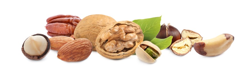 Image of Mix of different tasty nuts on white background. Banner design 