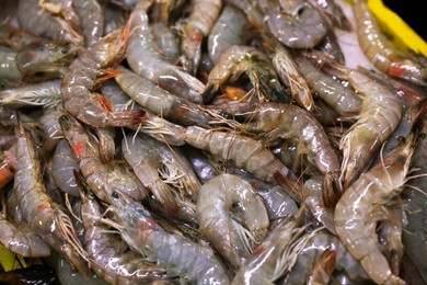 Photo of Many fresh raw shrimp as background, closeup