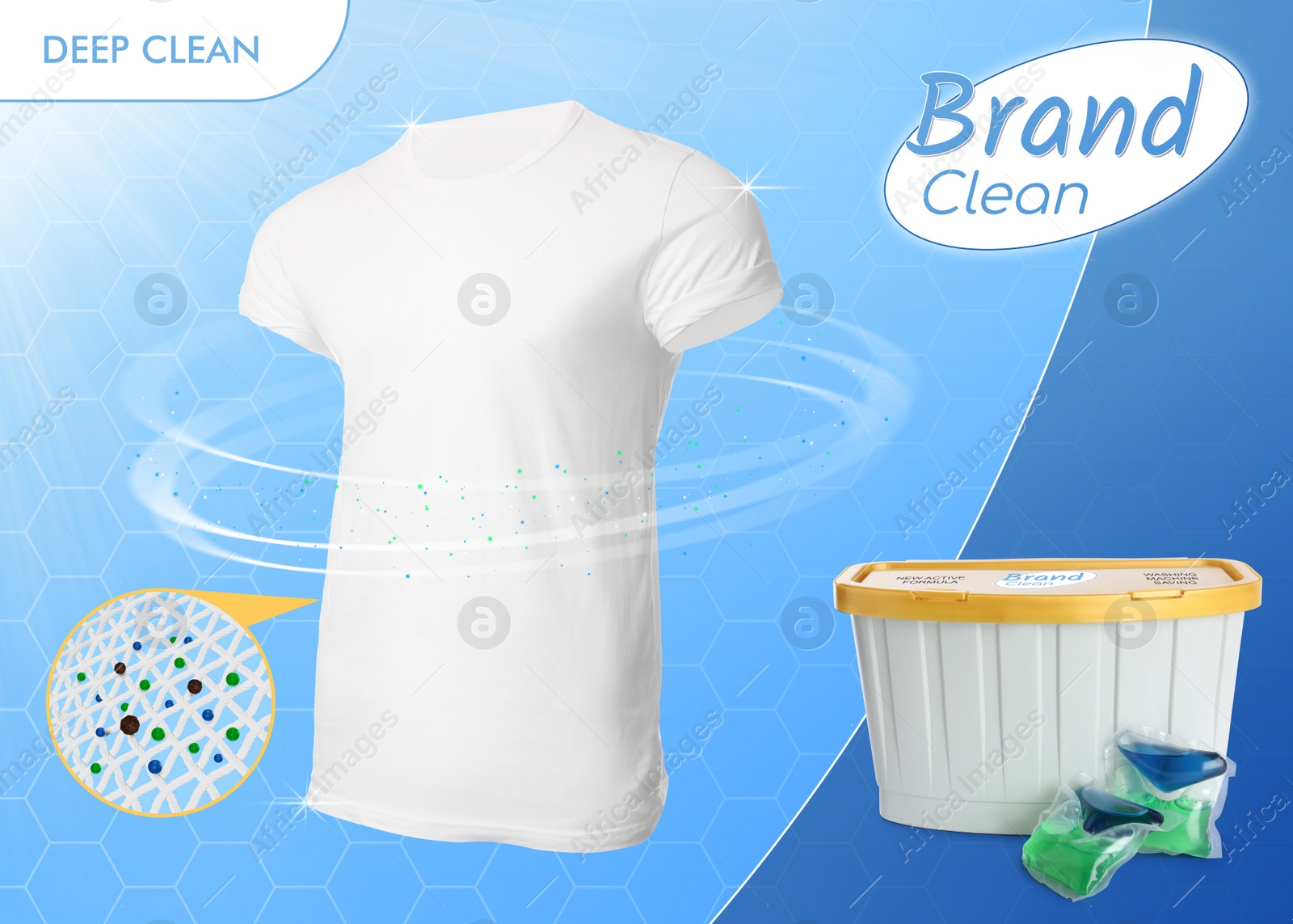 Image of Laundry capsules advertisement design. Clean white t-shirt and washing product