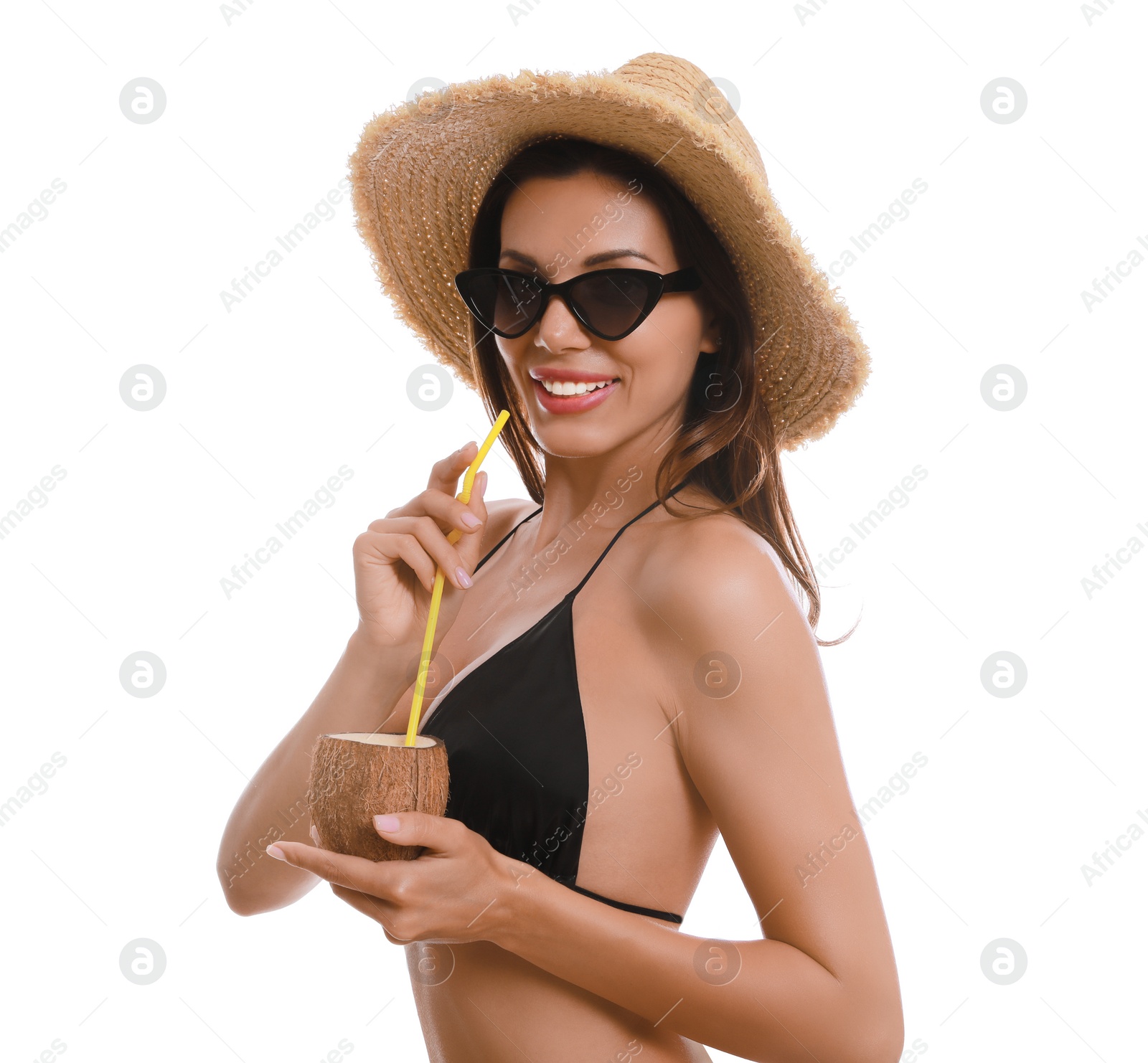 Photo of Beautiful woman in stylish bikini with tropical cocktail on white background