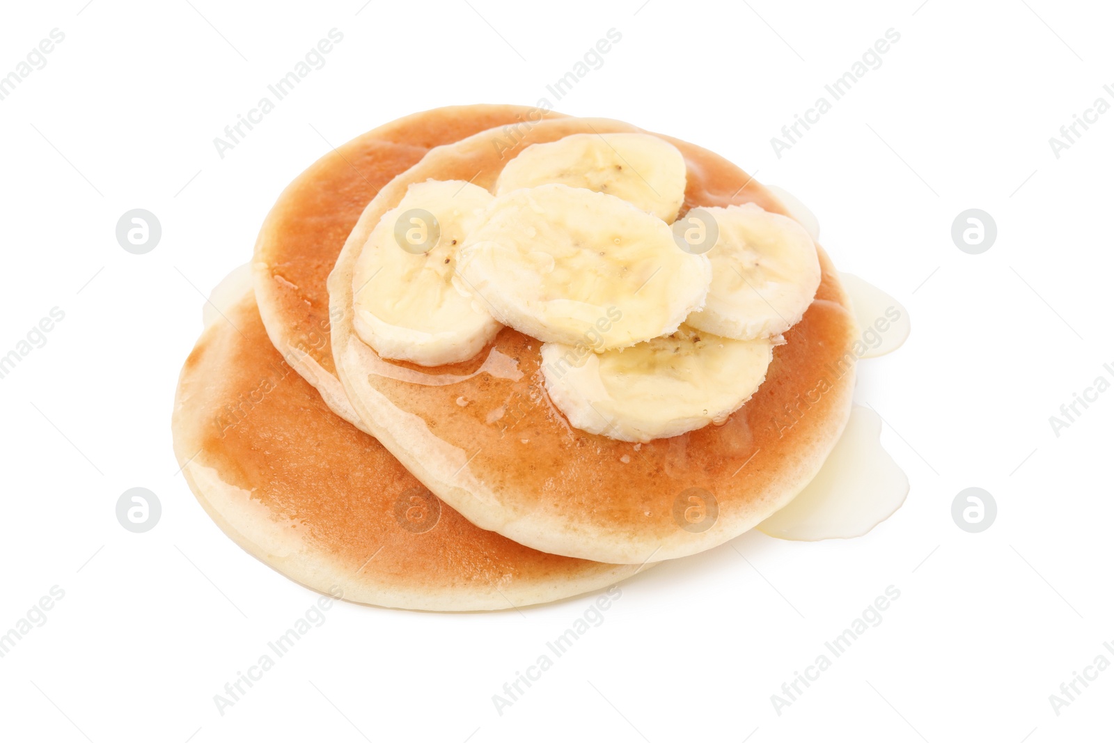 Photo of Delicious pancakes with banana slices and honey isolated on white