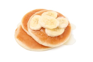 Photo of Delicious pancakes with banana slices and honey isolated on white