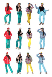 Collage of woman wearing winter sports clothes on white background