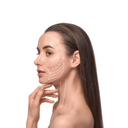 Attractive woman with perfect skin after cosmetic treatment on white background. Lifting arrows on her face