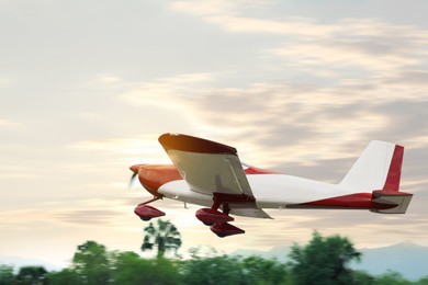 Photo of Sport monoplane flying near trees under sky