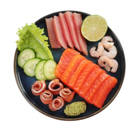 Photo of Tasty sashimi set (raw tuna, salmon slices and shrimp) served with cucumber, lettuce, lime and wasabi isolated on white, top view