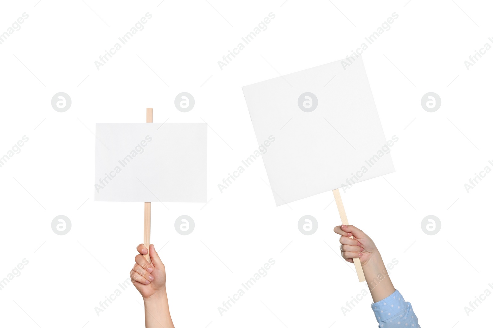 Image of People holding blank protest signs on white background, closeup