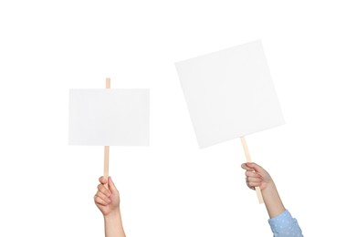 Image of People holding blank protest signs on white background, closeup