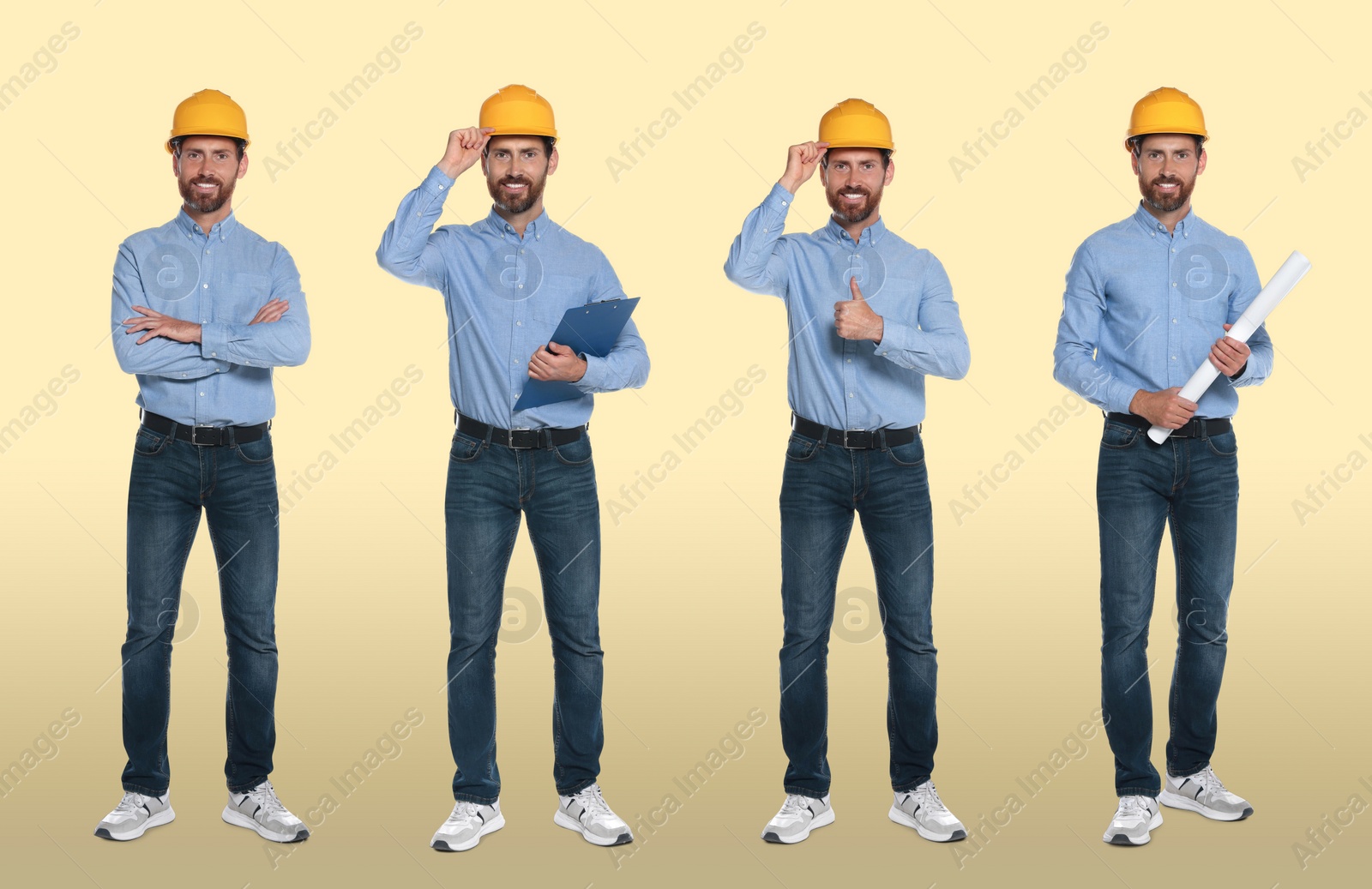 Image of Photos of engineer with hardhat and clipboard on beige background, collage design