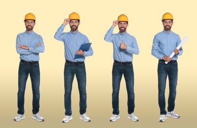 Image of Photos of engineer with hardhat and clipboard on beige background, collage design