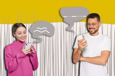 Image of Dialogue, chatting. Photos of people using mobile phones and speech bubbles near them, collage design