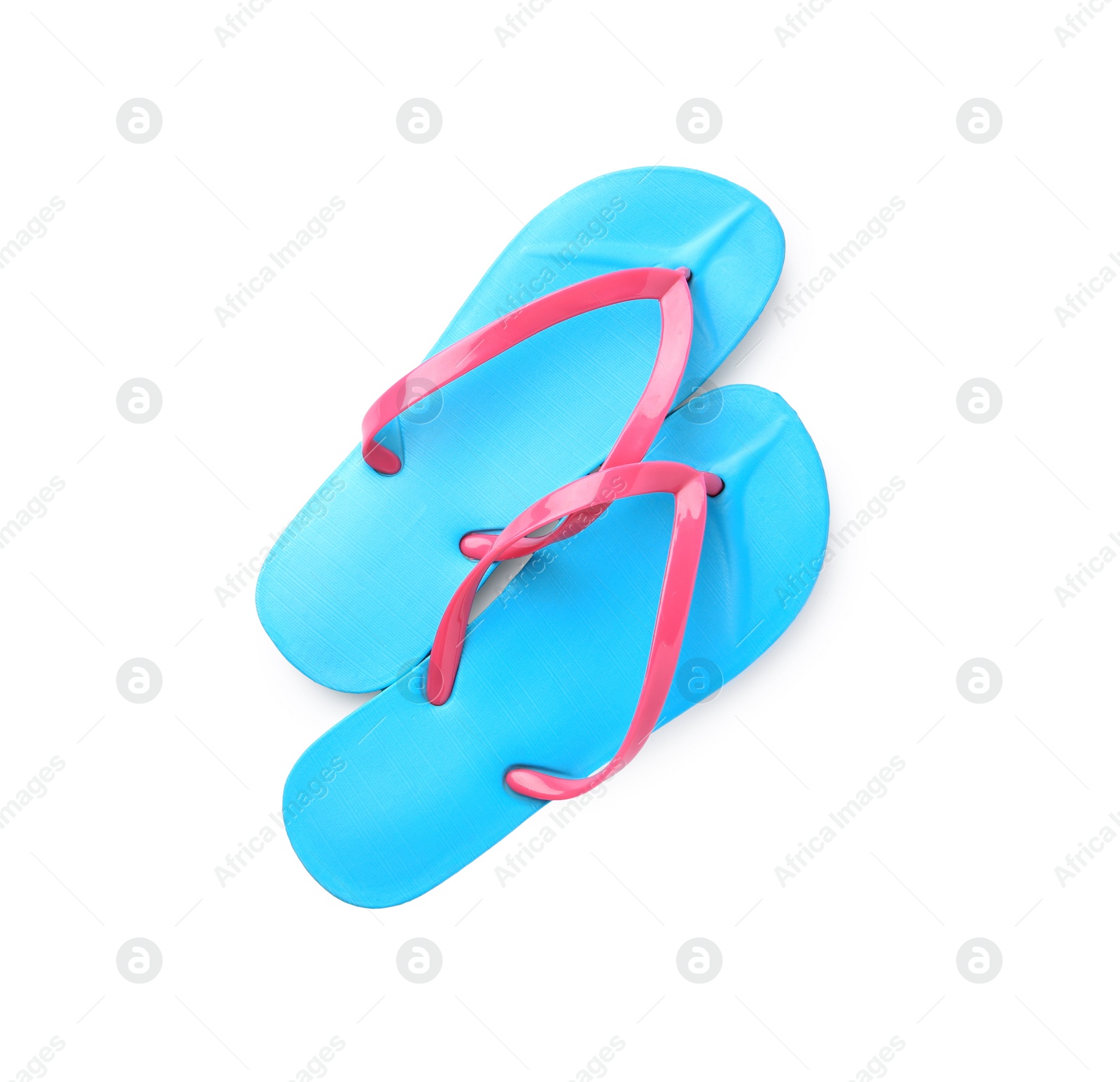 Photo of Stylish flip flops isolated on white, top view