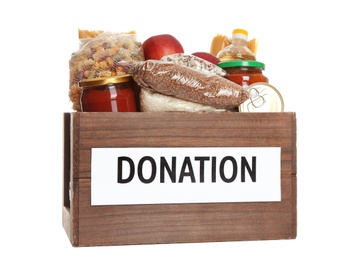 Photo of Donation box full of different products on white background