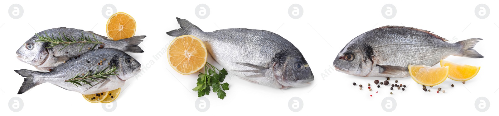 Image of Raw dorada fish and lemon isolated on white, set