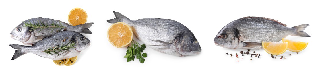 Image of Raw dorada fish and lemon isolated on white, set