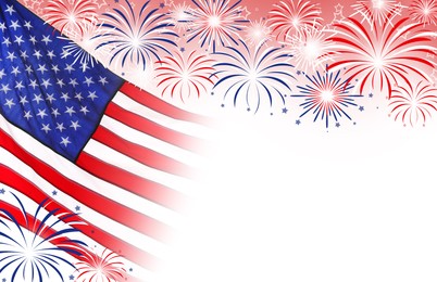 4th of july - Independence Day of USA. American national flag and fireworks on white background, space for design