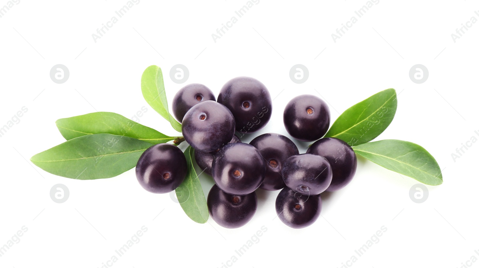 Photo of Pile of fresh acai berries with leaves isolated on white, top view