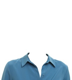 Outfit replacement template for passport photo or other documents. Blue shirt isolated on white