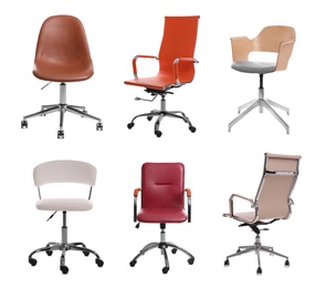 Image of Set of different office chairs on white background 