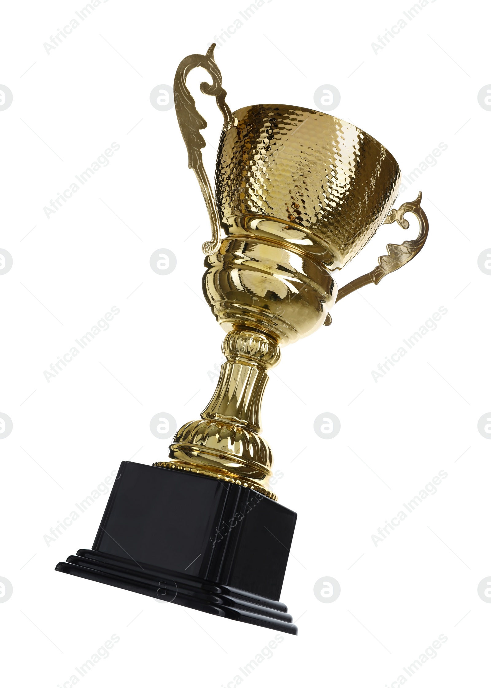 Photo of Shiny gold cup on white background. Winner's trophy