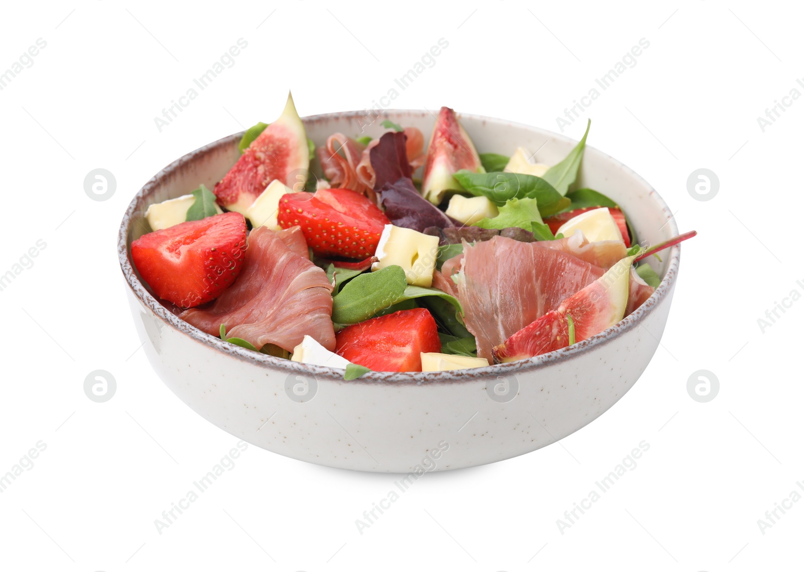 Photo of Tasty salad with brie cheese, prosciutto, strawberries and figs isolated on white