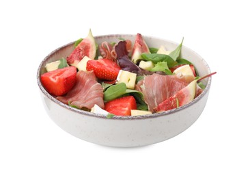 Tasty salad with brie cheese, prosciutto, strawberries and figs isolated on white