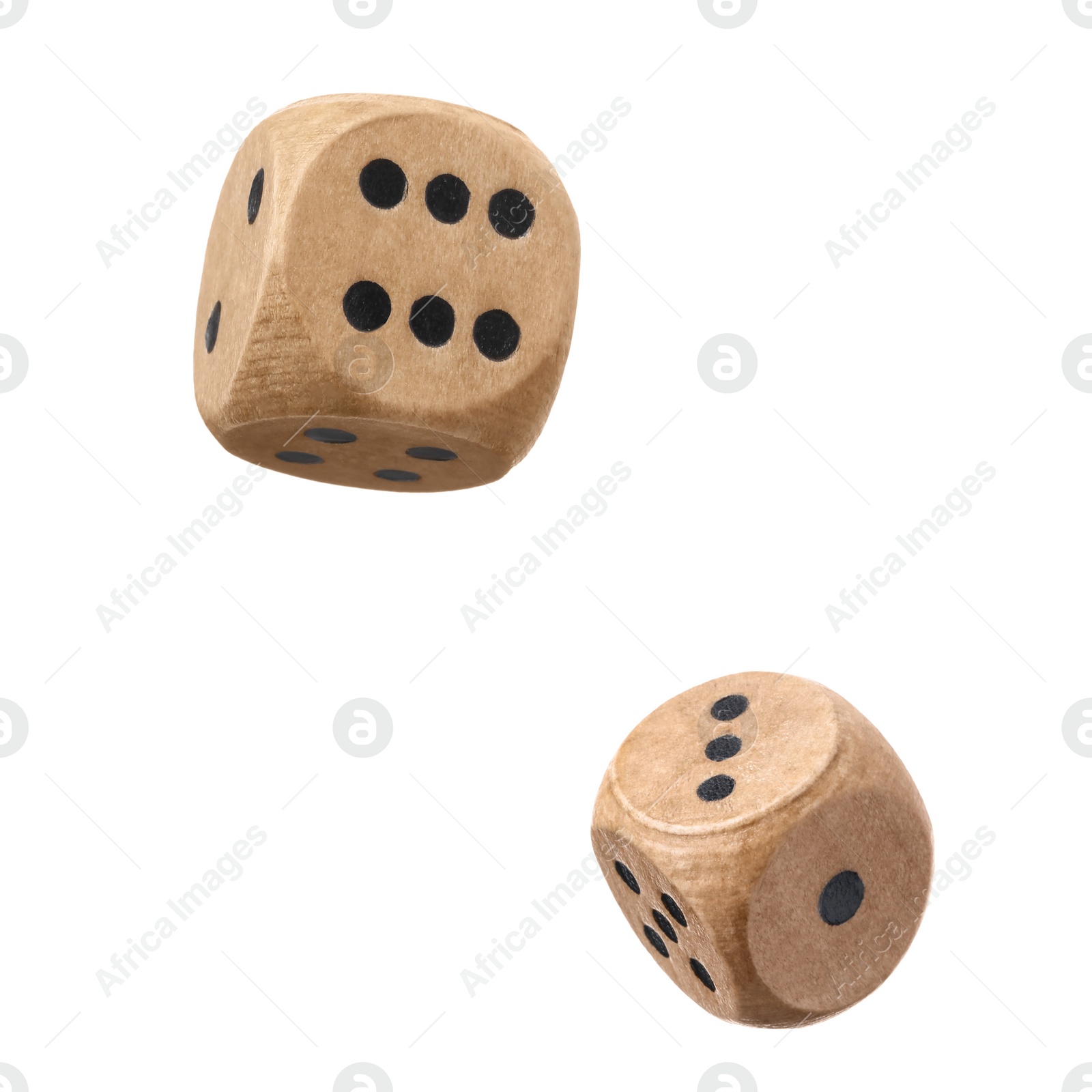 Image of Two wooden dice in air on white background