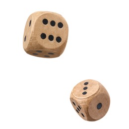 Image of Two wooden dice in air on white background