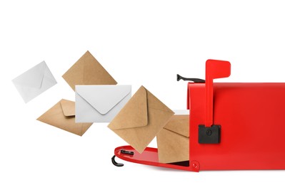 Image of Envelopes flying out from red letter box on white background