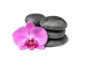 Spa stones with orchid flower on white background