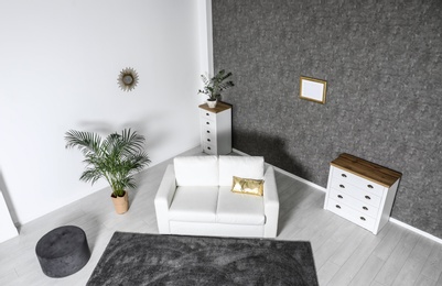 Modern living room interior, view through CCTV camera