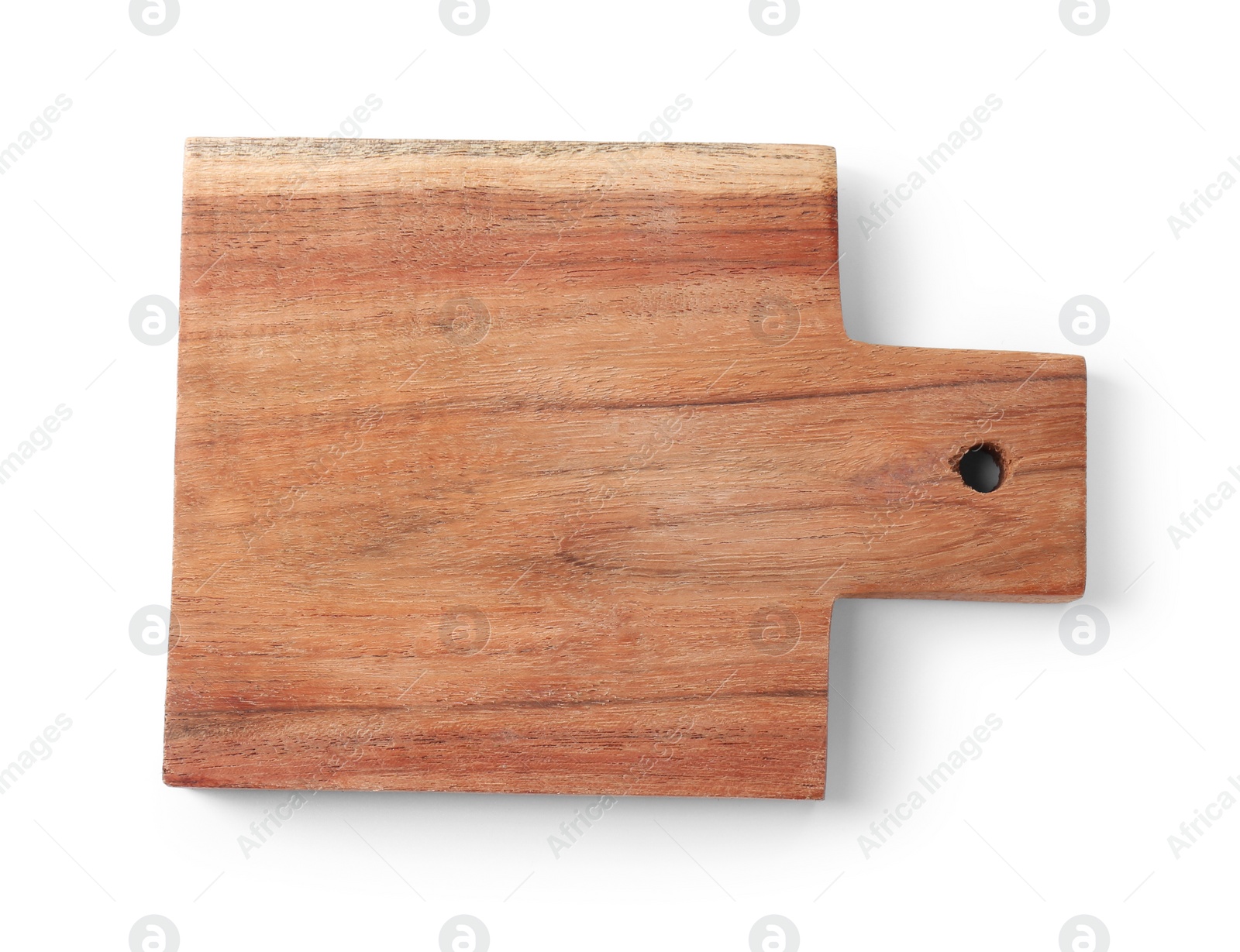 Photo of One wooden cutting board on white background, top view