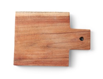 Photo of One wooden cutting board on white background, top view