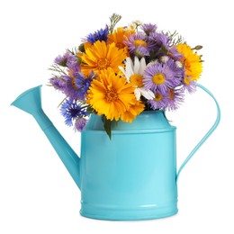 Photo of Light blue watering can with beautiful flowers isolated on white