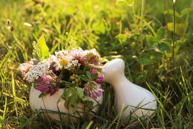 Ceramic mortar with pestle, different wildflowers and herbs in meadow on sunny day