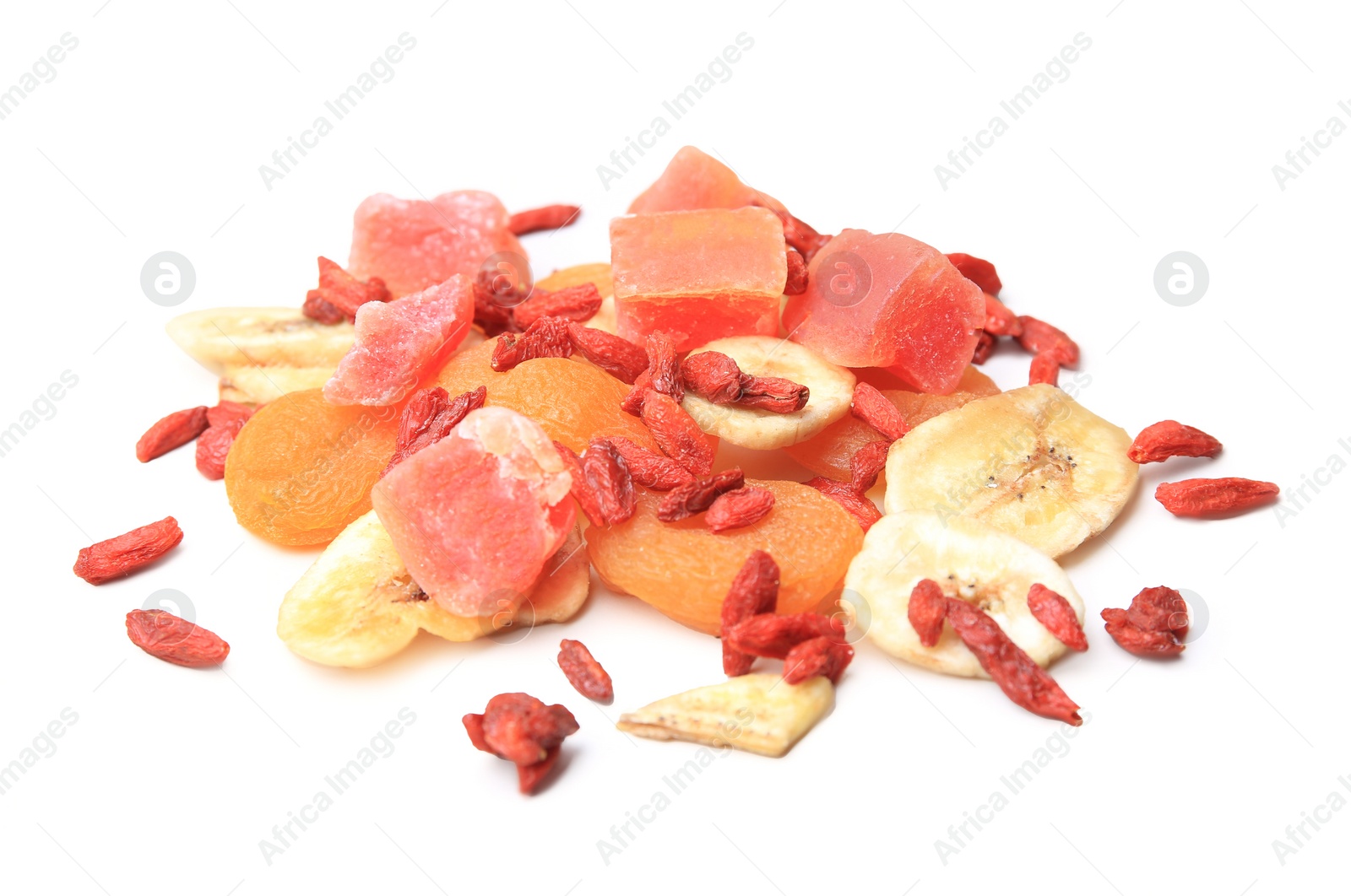 Photo of Pile of different tasty dried fruits on white background