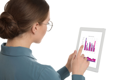 Image of Young woman with tablet on white background. Business analytics