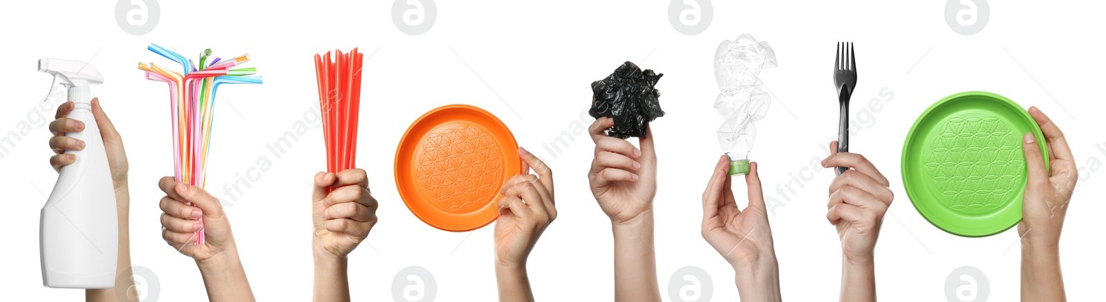 Image of Collage with photos of women holding different plastic things on white background, closeup. Banner design