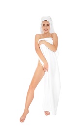 Photo of Full length portrait of young pretty woman with towels on white background