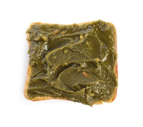Photo of Toast with tasty pistachio butter isolated on white, top view