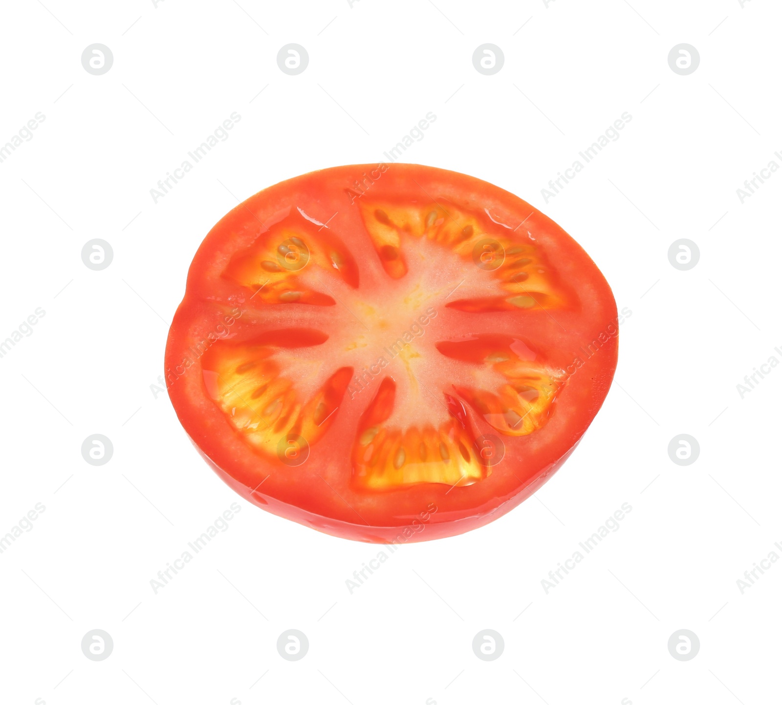 Photo of Slice of tasty raw tomato isolated on white