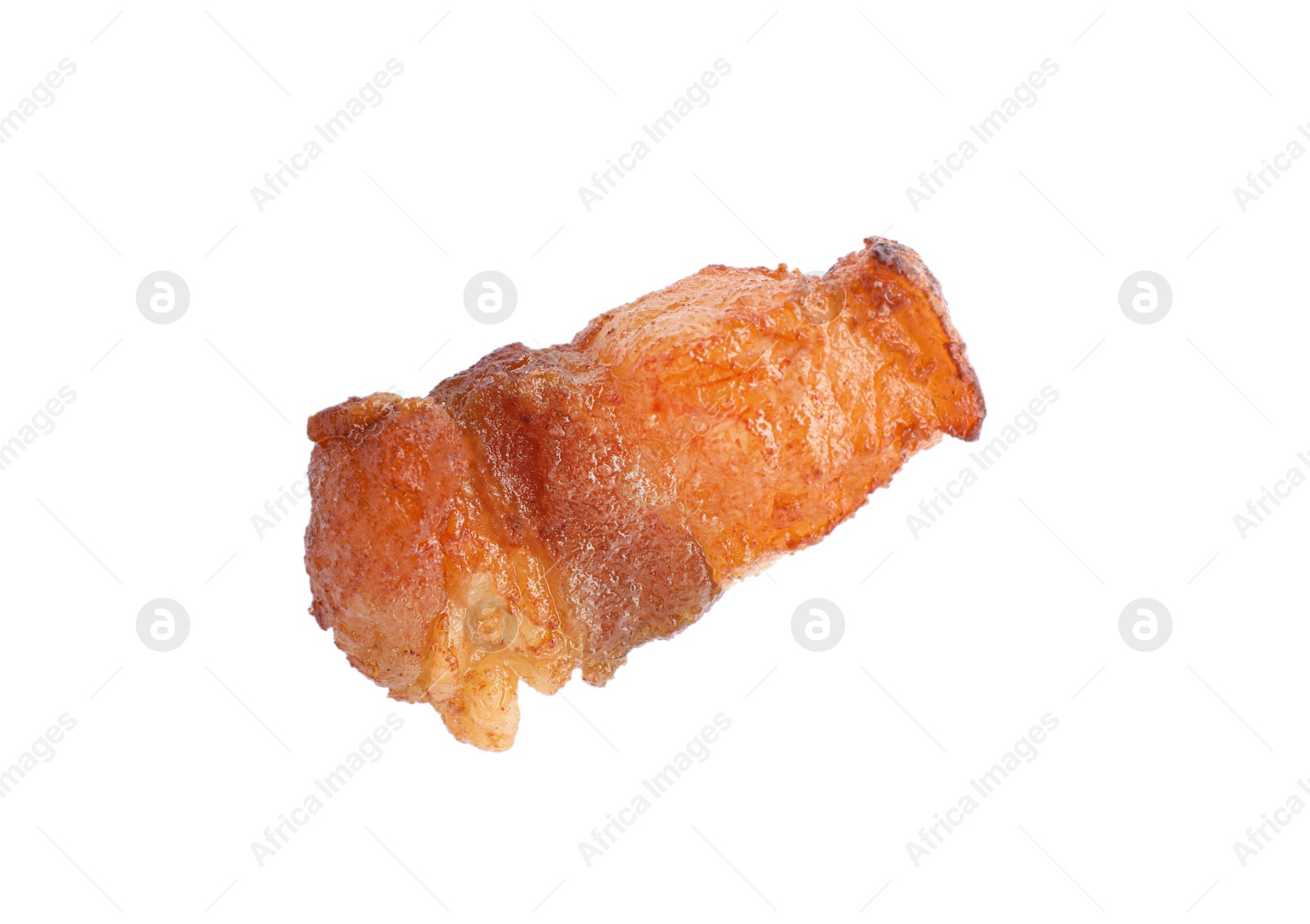 Photo of Tasty fried crackling isolated on white, top view. Cooked pork lard