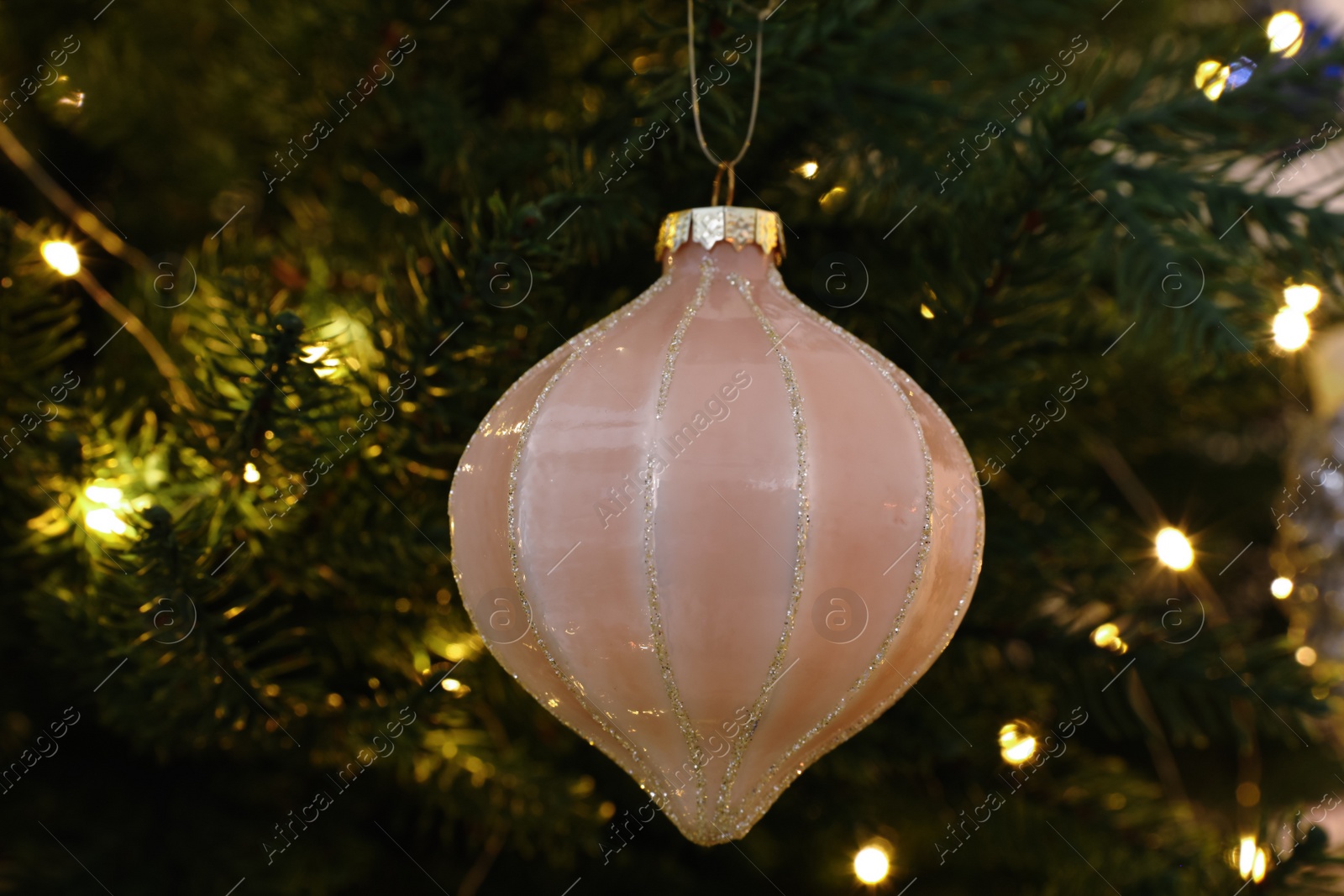 Photo of Beautiful Christmas bauble hanging on fir tree branch, closeup